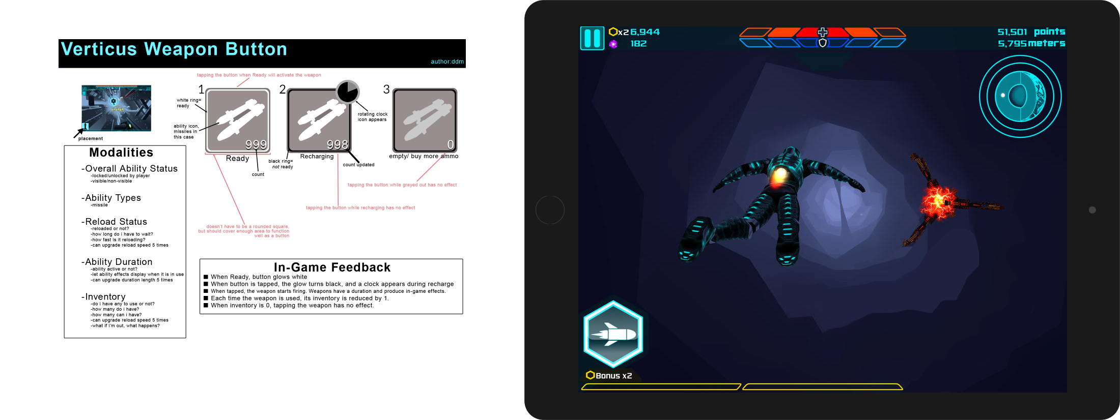 Weapon Button interaction design diagram and in-game screenshot